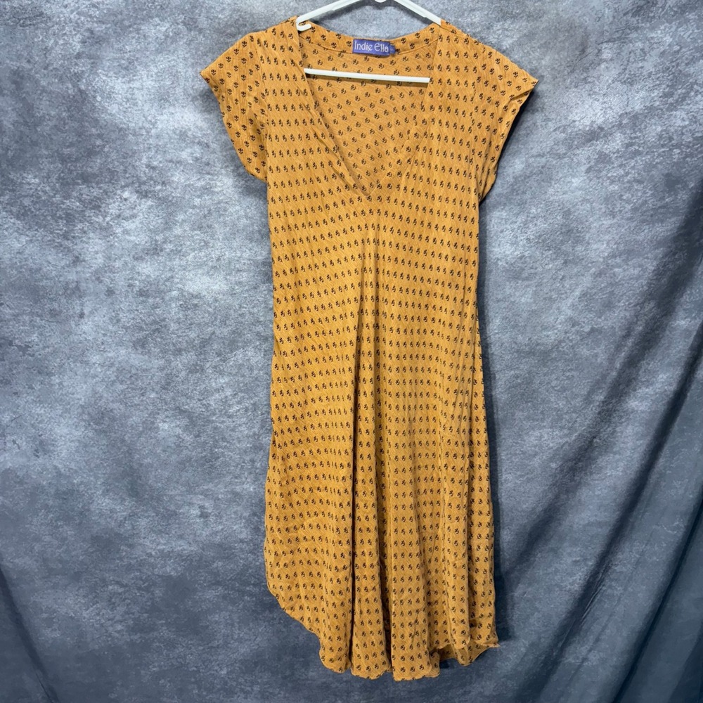 Indie Ella 100% Silk Mustard Yellow Floral V-Neck Midi Dress Asymmetric Boho